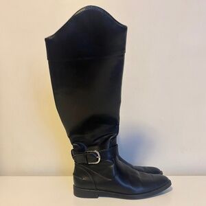 Zara Trafaluc Vegan Faux Leather Knee High Zip Up Buckle Riding Boots Black 5.5
